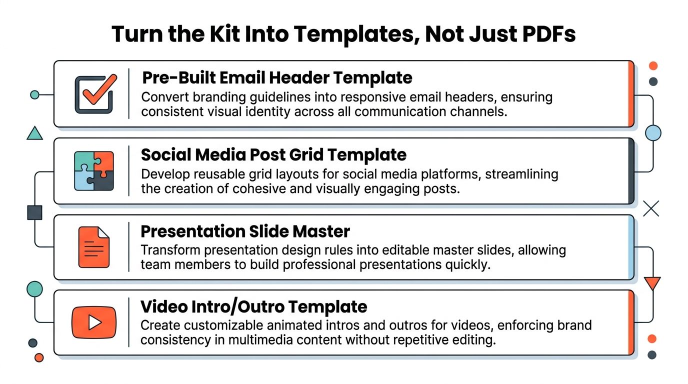 A graphic titled Turn the Kit Into Templates featuring four types of reusable brand assets.