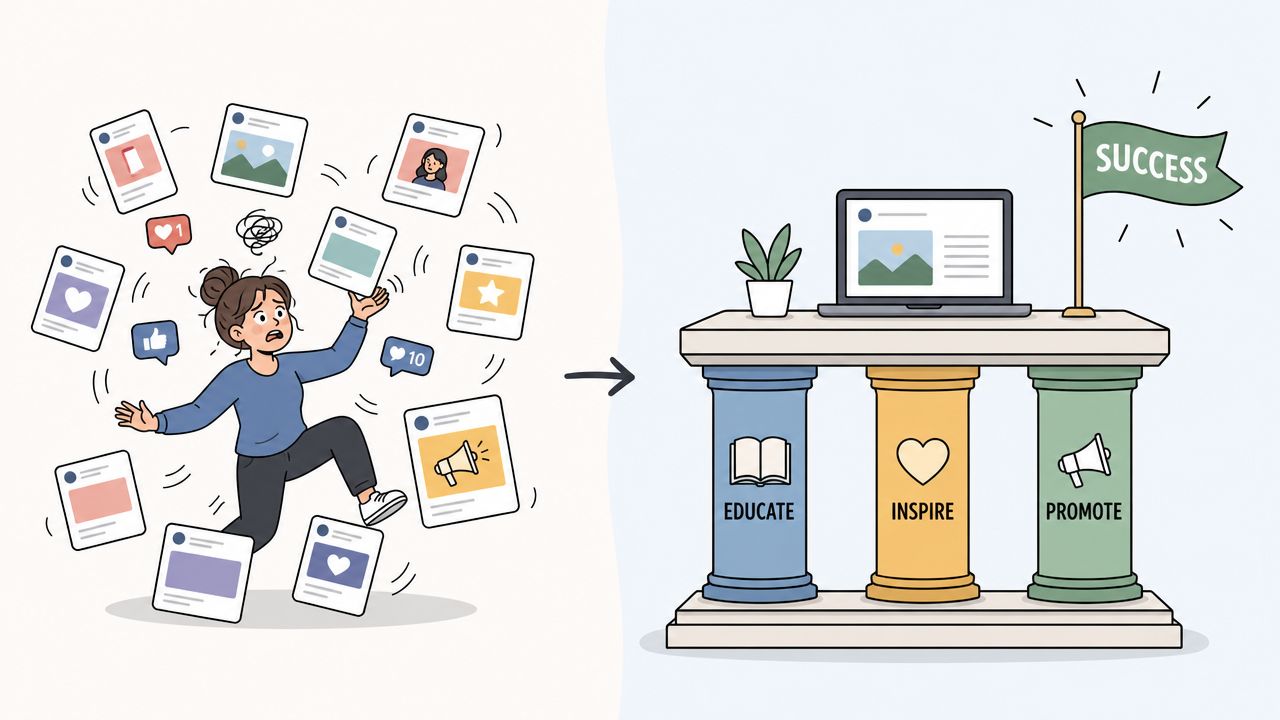 An illustration showing a stressed person managing social media posts transitioning to a structured success strategy.