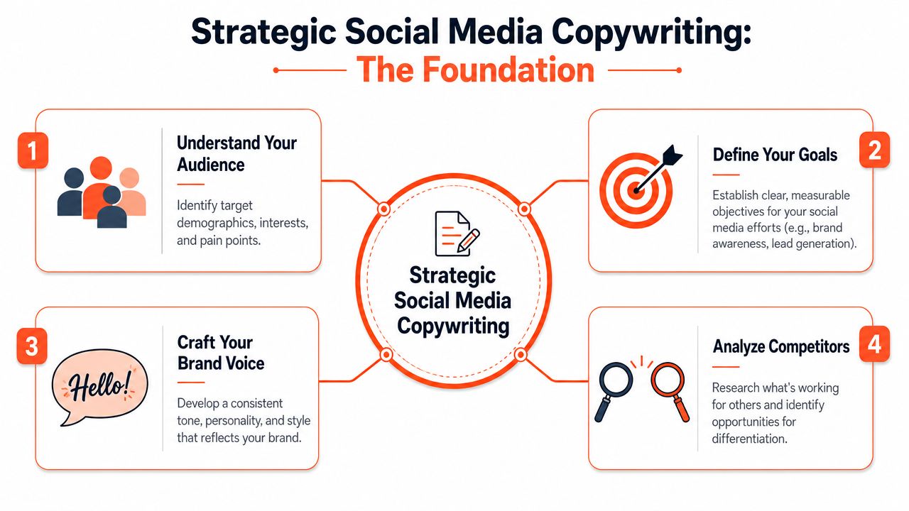 A diagram illustrating the four foundational pillars of strategic social media copywriting for marketing success.
