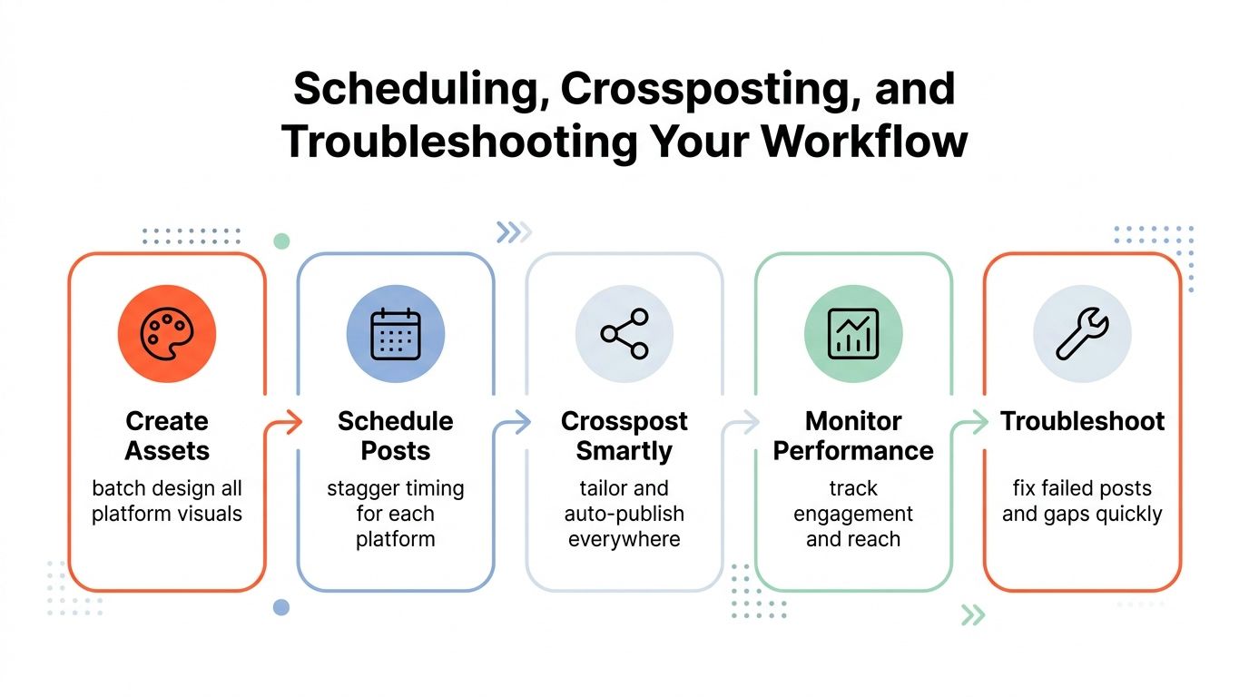 An infographic showing a five-step workflow for social media management from creating assets to troubleshooting issues.