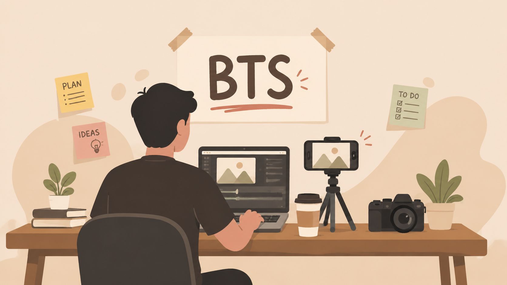 A creator sits at a desk editing video content on a laptop with camera equipment nearby.