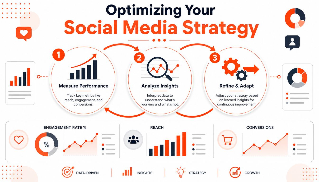 An infographic illustrating a three-step process for optimizing a social media strategy through data analysis.