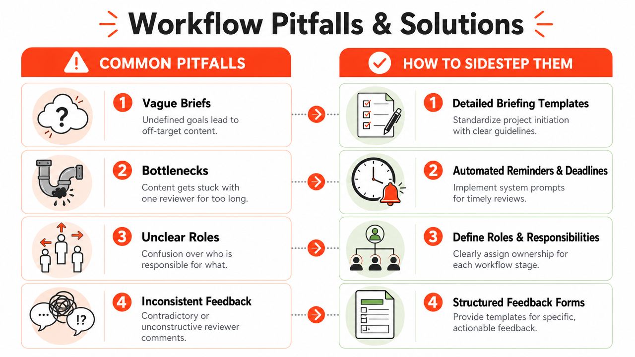 An infographic illustrating four common workflow pitfalls and their corresponding solutions for improved project management efficiency.
