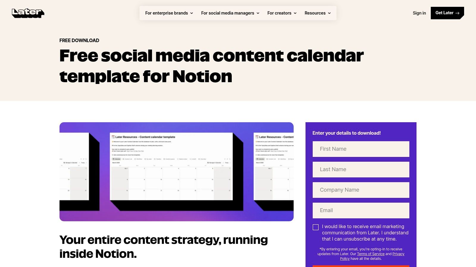 Later – Free Notion Social Media Content Calendar Template
