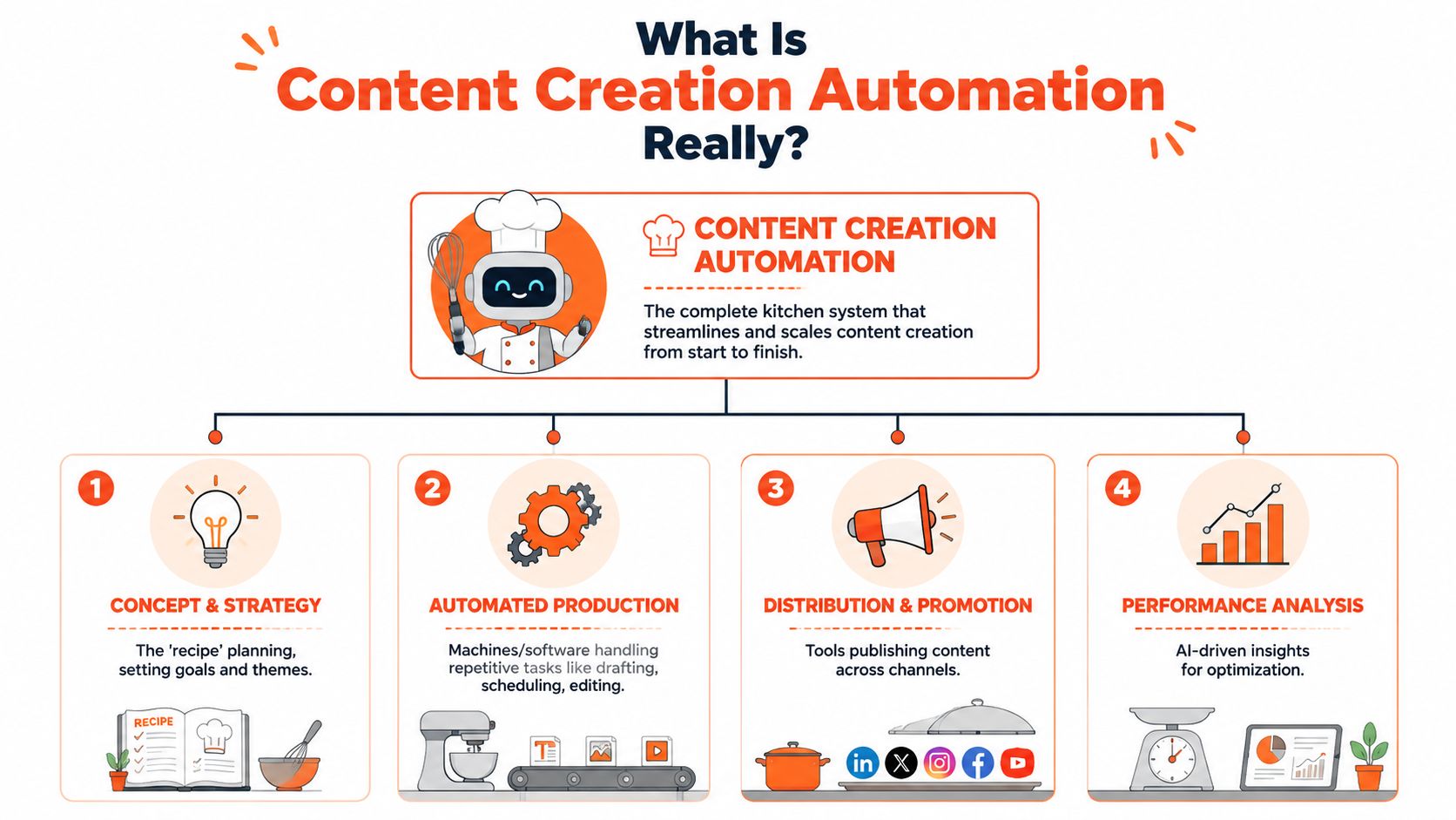 A diagram illustrating the four key stages of content creation automation including strategy, production, distribution, and analysis.