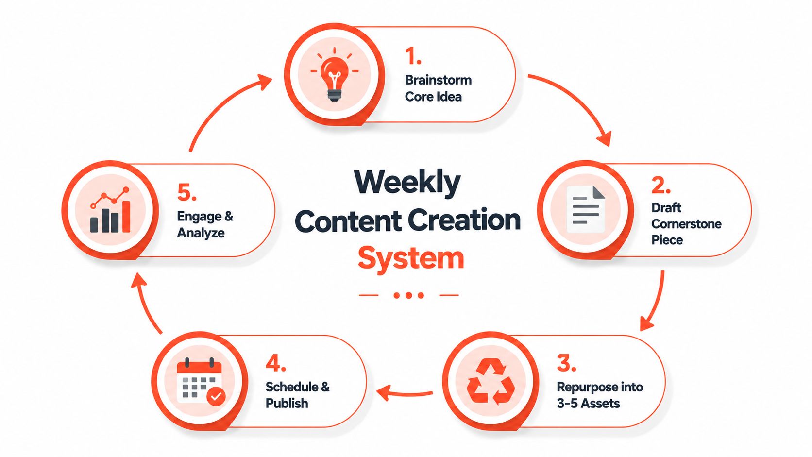 A circular flowchart illustrating the five steps of a weekly content creation system for building personal brands.
