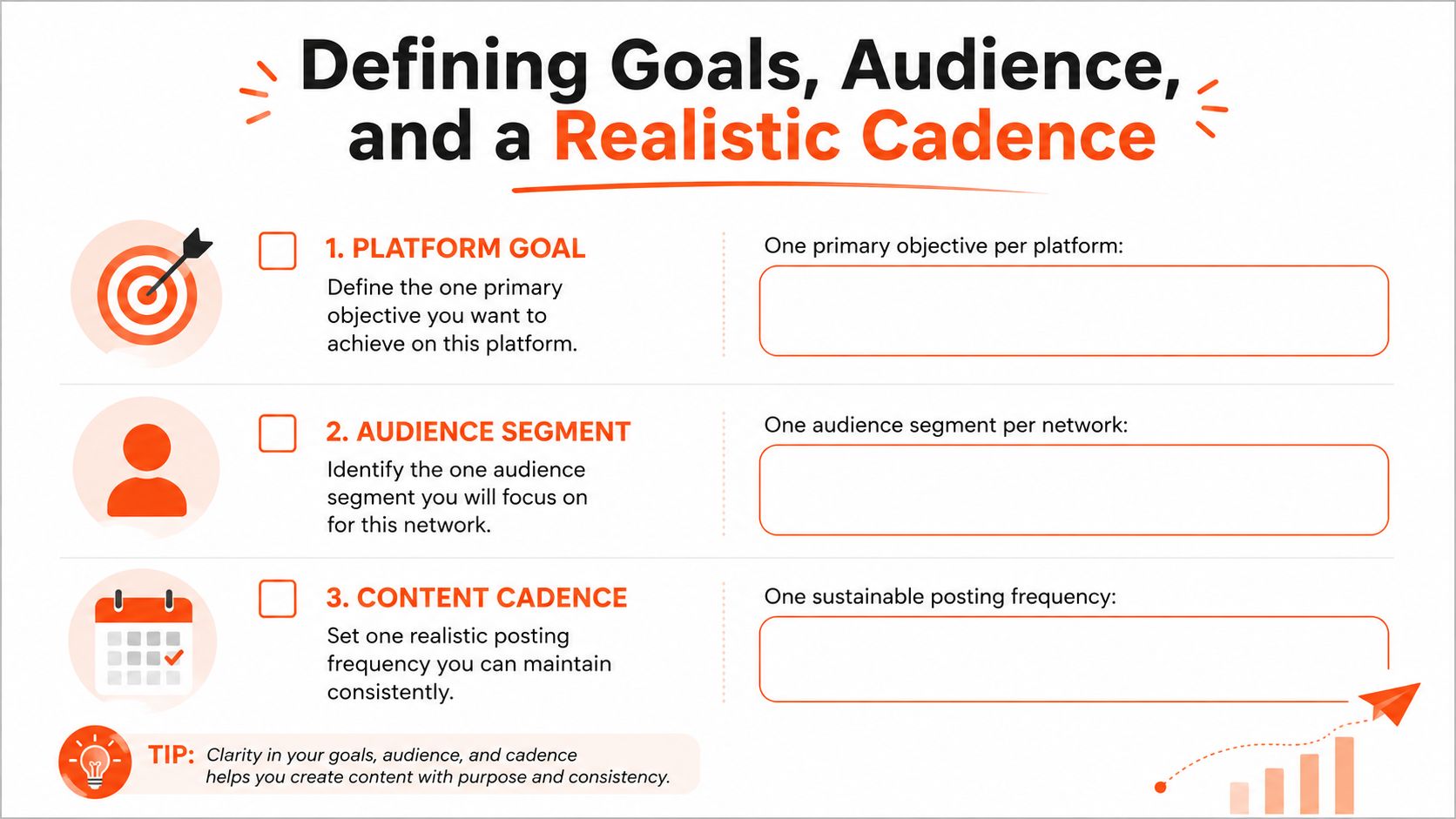 A worksheet template for defining social media platform goals, target audience segments, and realistic content posting schedules.