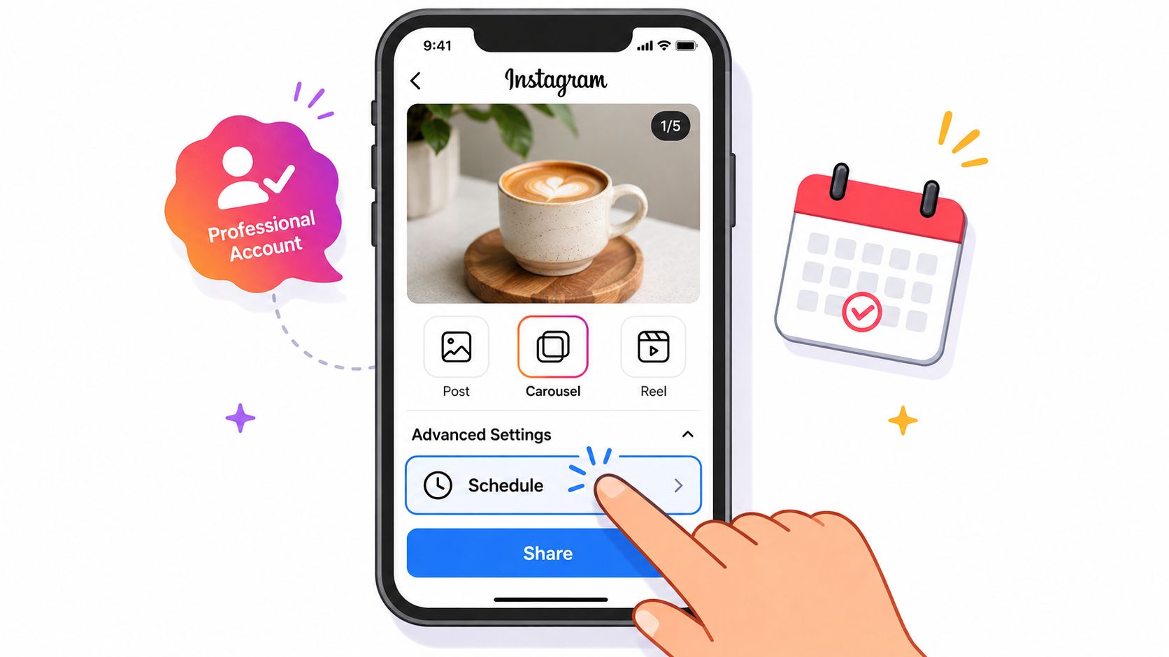 A hand touching the schedule feature within Instagram's advanced settings on a professional account mobile interface.