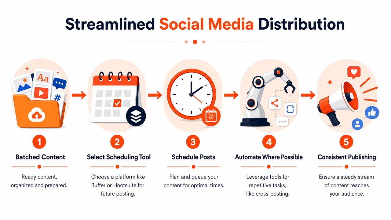 A five-step infographic showing the process for streamlined social media distribution, from batching content to consistent publishing.