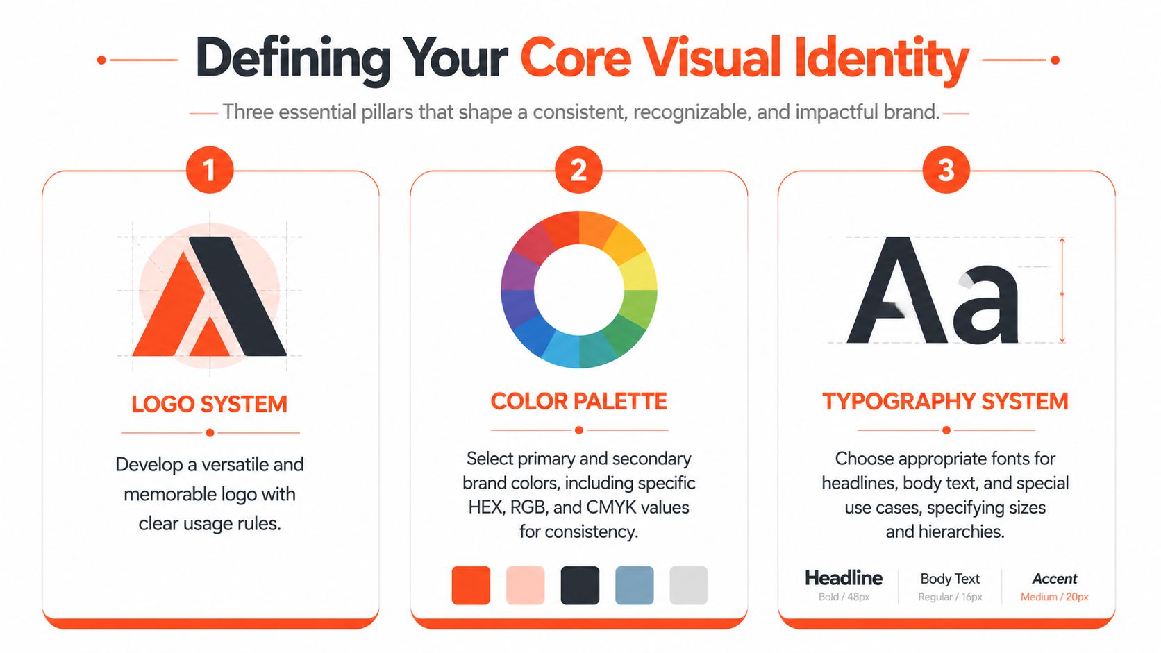 A visual guide outlining three essential pillars for defining a consistent and impactful core brand visual identity.