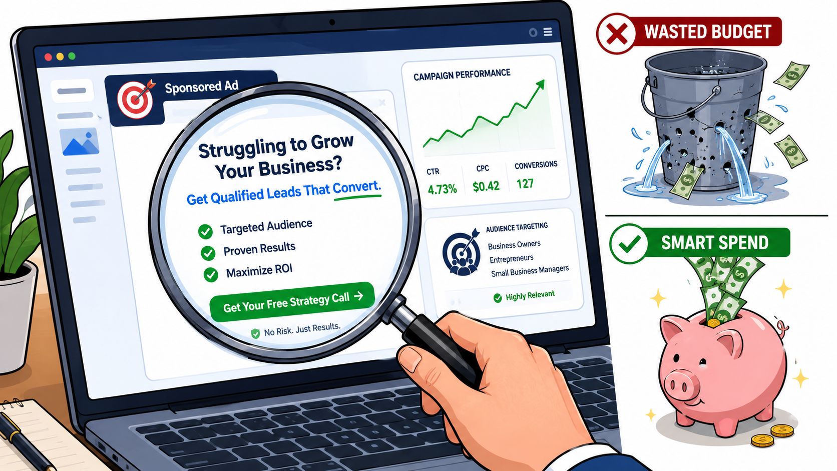 A magnifying glass focusing on a digital advertisement for business growth and qualified lead generation strategies.
