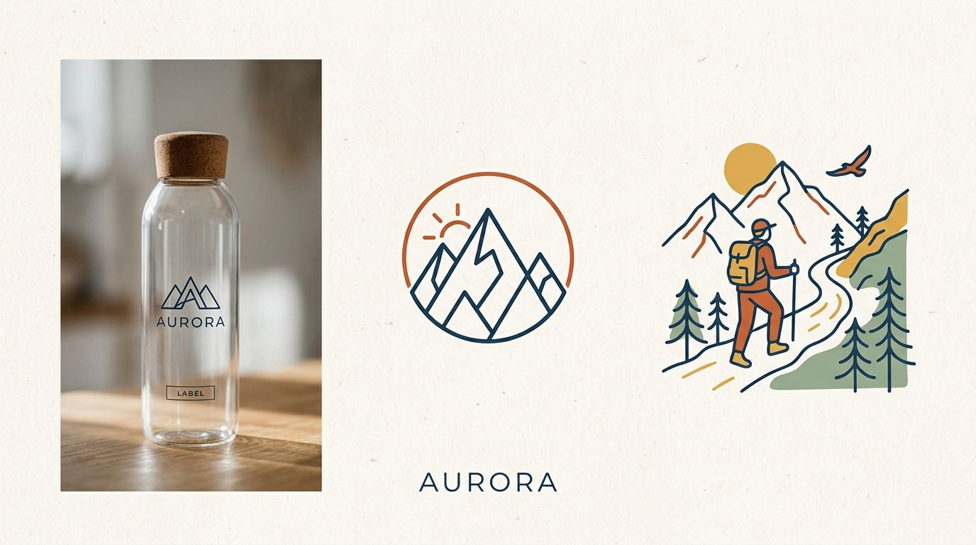 A glass water bottle with an Aurora logo beside branding illustrations of mountains and a hiker.