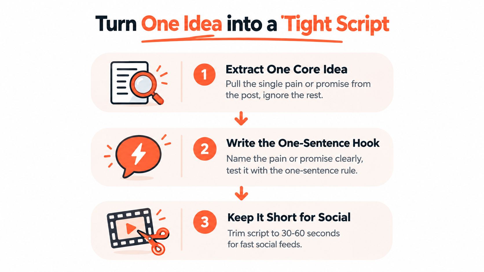 A three-step infographic showing how to turn a single core idea into a short, concise video script.