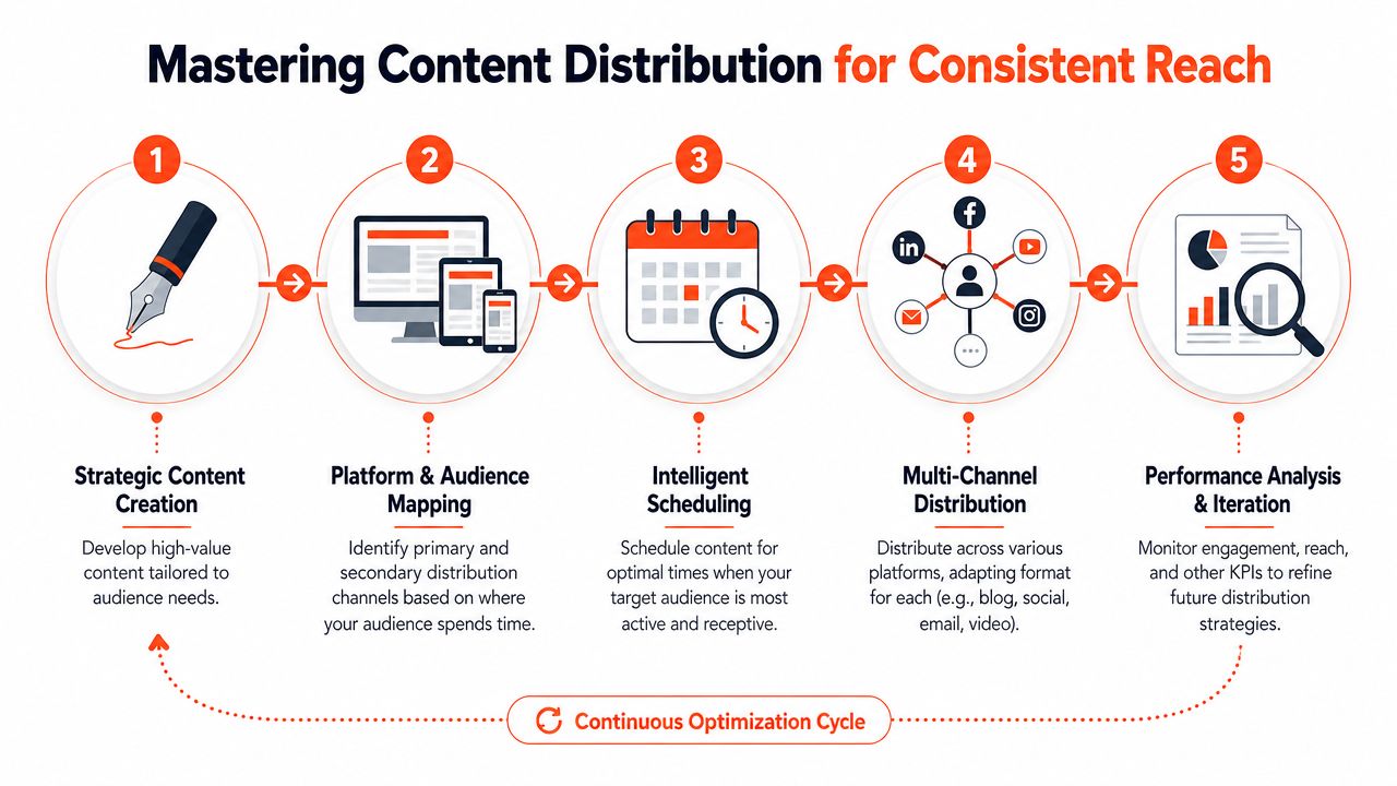 An infographic showing a five-step process for mastering content distribution to achieve consistent brand awareness and reach.