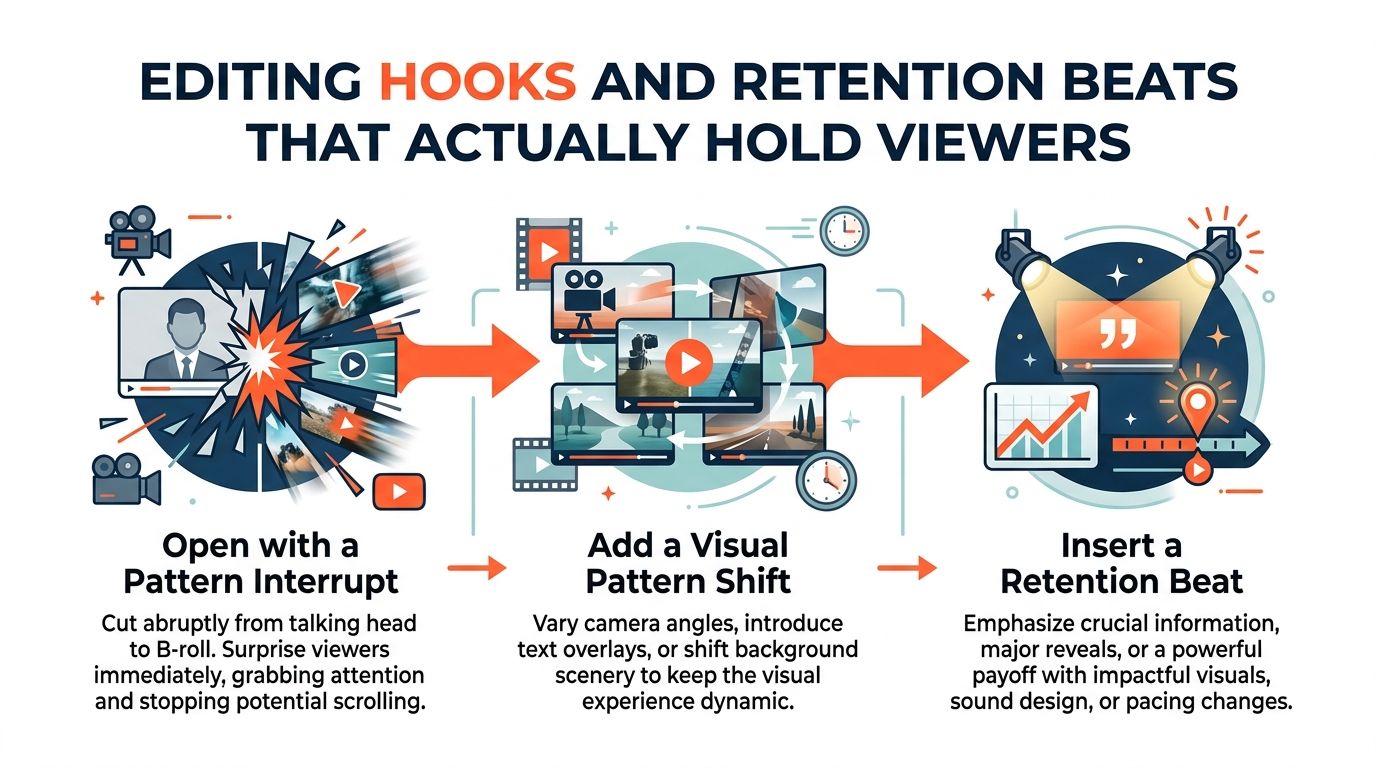 A visual guide illustrating video editing techniques for hooks, pattern shifts, and retention beats to engage viewers.
