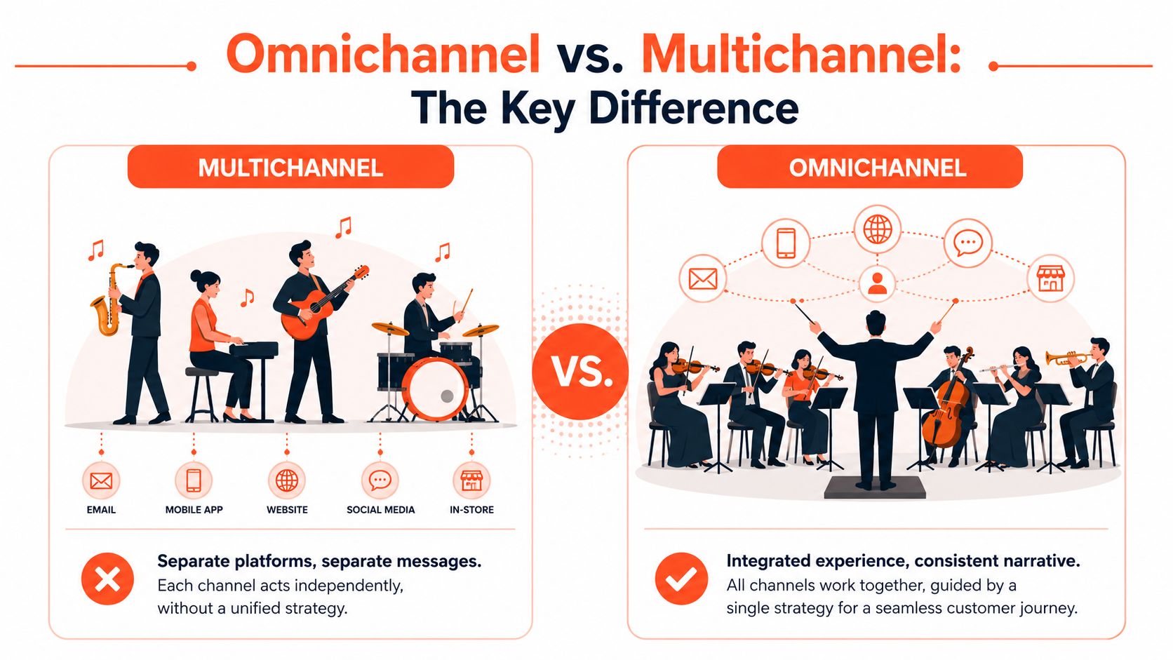 An infographic comparing multichannel versus omnichannel marketing using musical analogies to show integration and strategy.