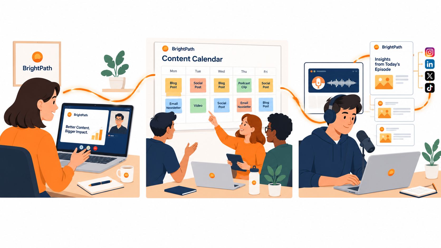 A collaborative team using BrightPath content calendar software to streamline marketing workflows and maintain brand consistency across channels.