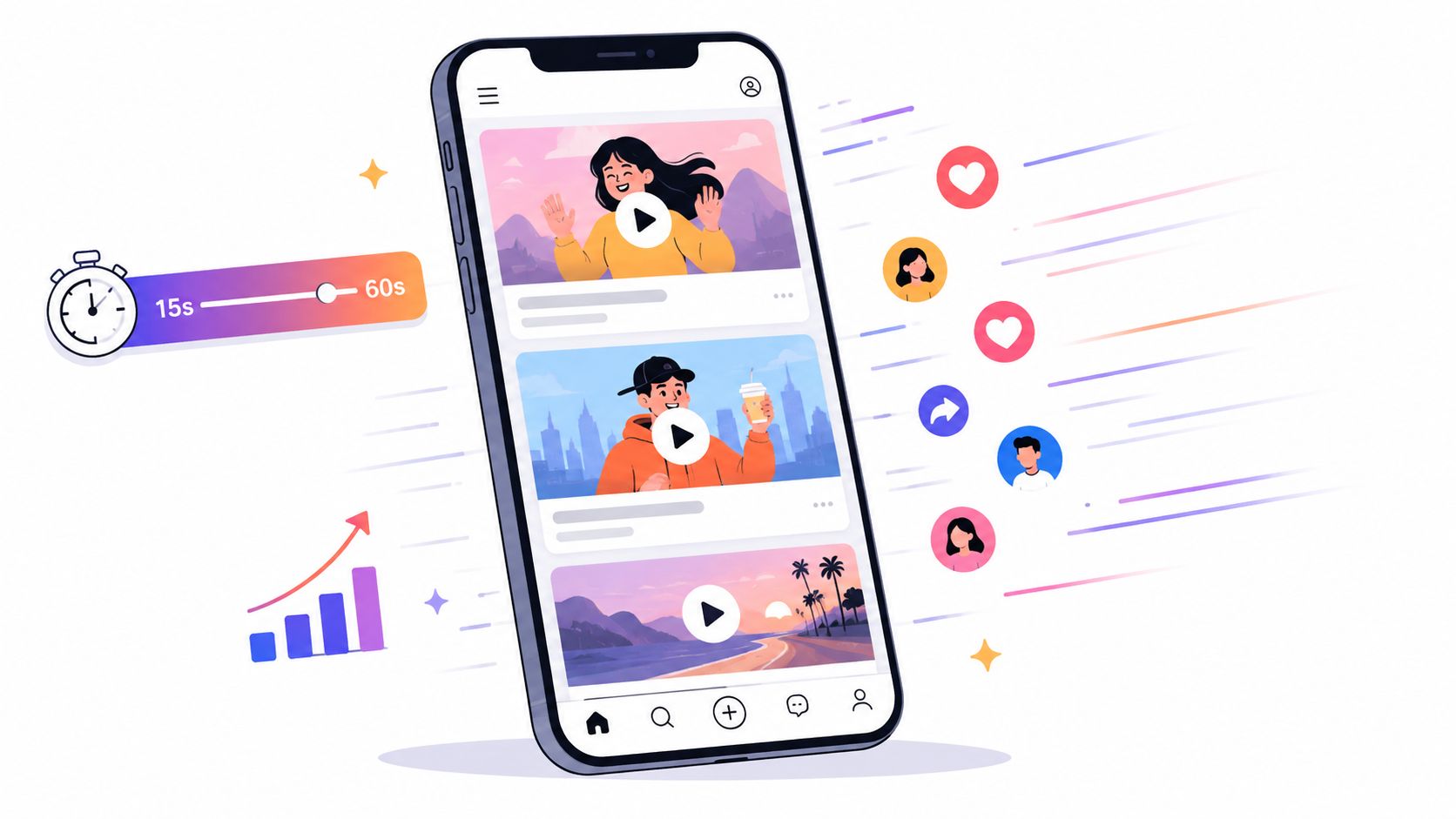 A smartphone displaying a social media video feed with floating engagement icons and a time duration slider.
