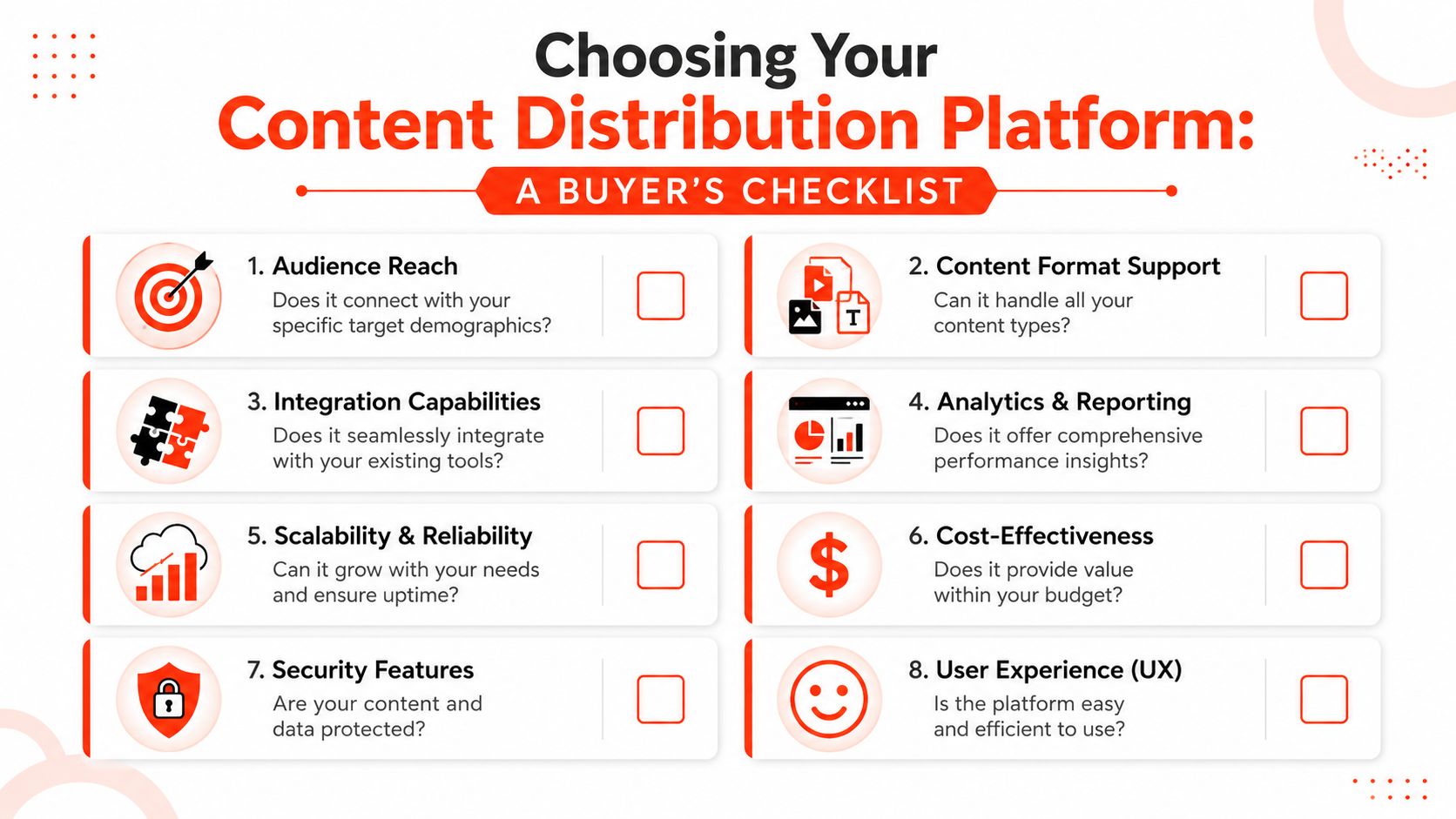 A checklist infographic titled Choosing Your Content Distribution Platform outlining eight key factors for selecting a platform.