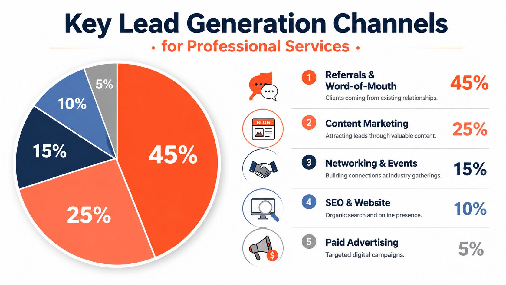 A pie chart displaying the top five lead generation channels for professional services, categorized by percentage effectiveness.