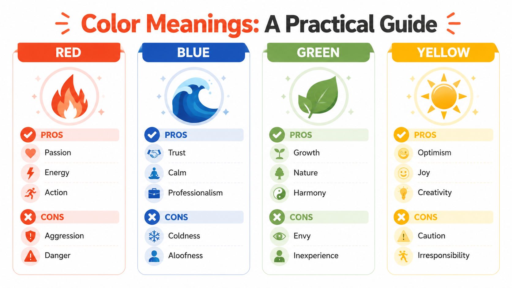 A color psychology infographic showing the pros and cons of using red, blue, green, and yellow.