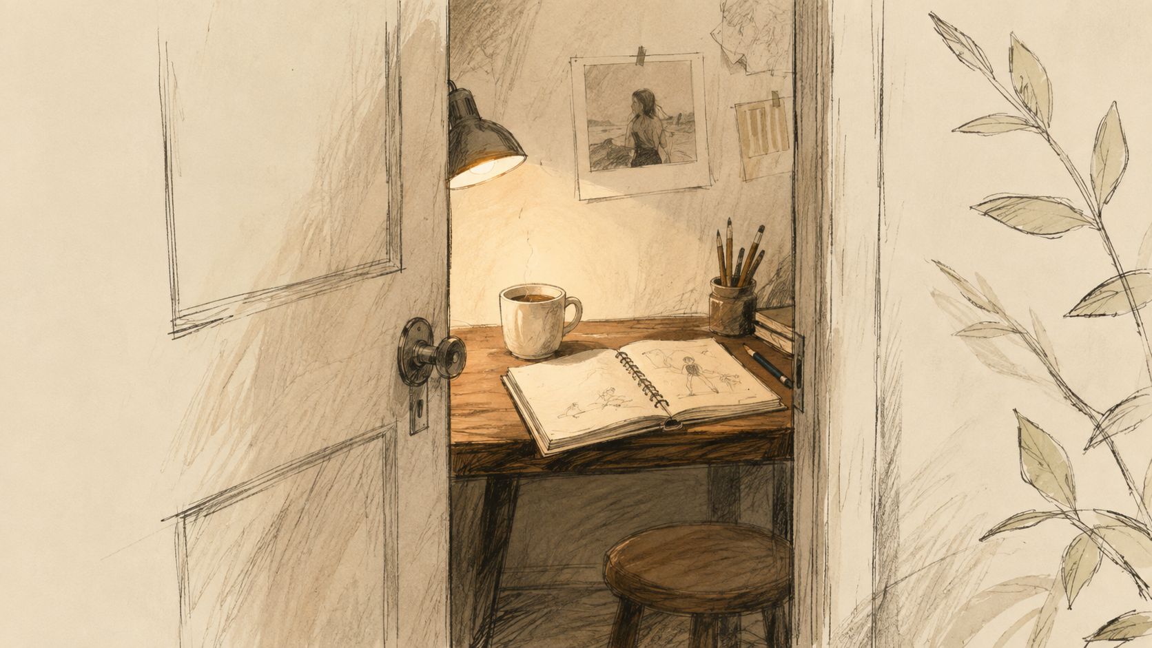 A cozy, warm-toned illustration of a desk with a sketchbook, coffee mug, and lamp inside a small room.