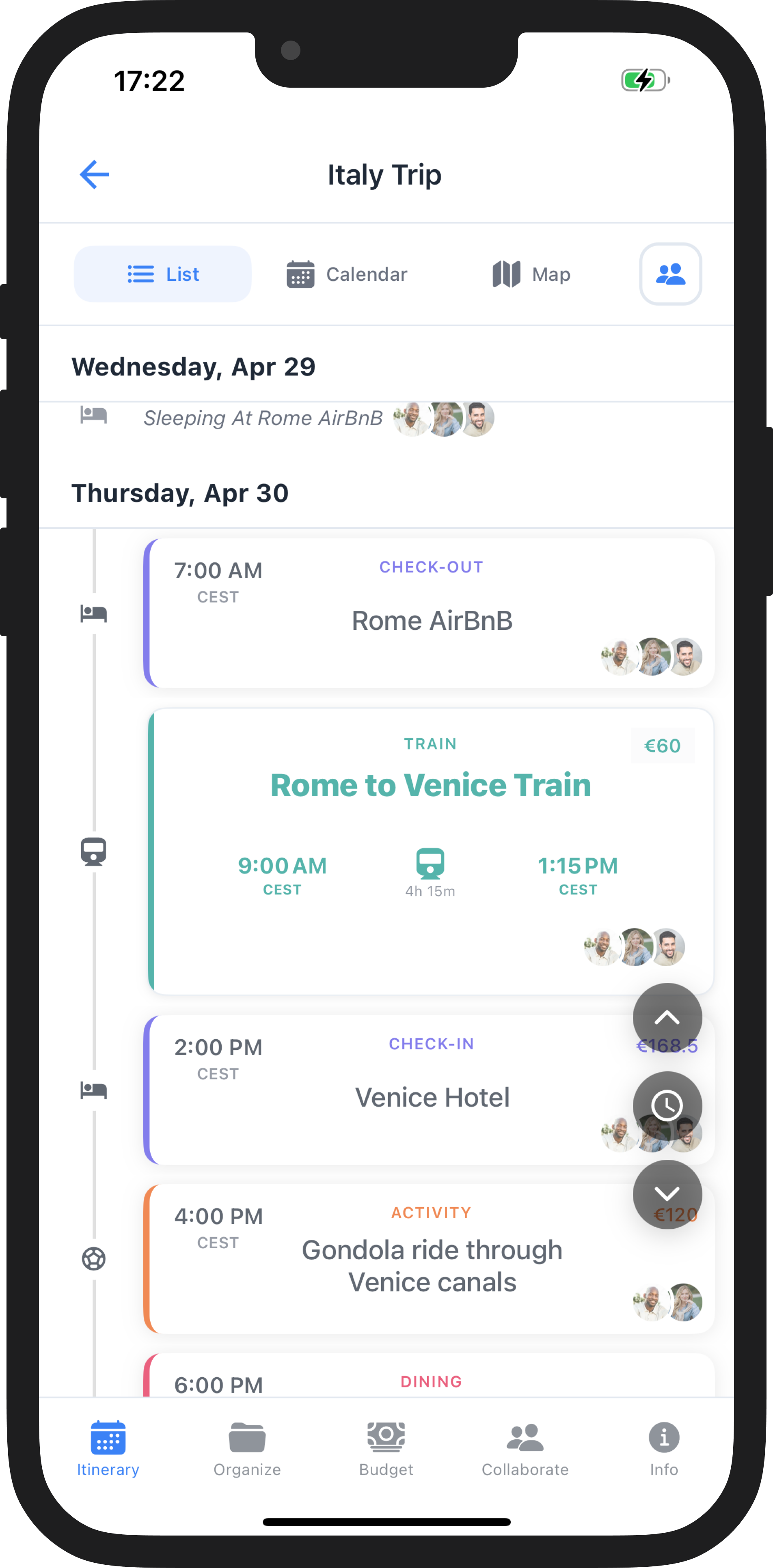 An app screenshot of WaySide, showing a list view of a trip to Italy