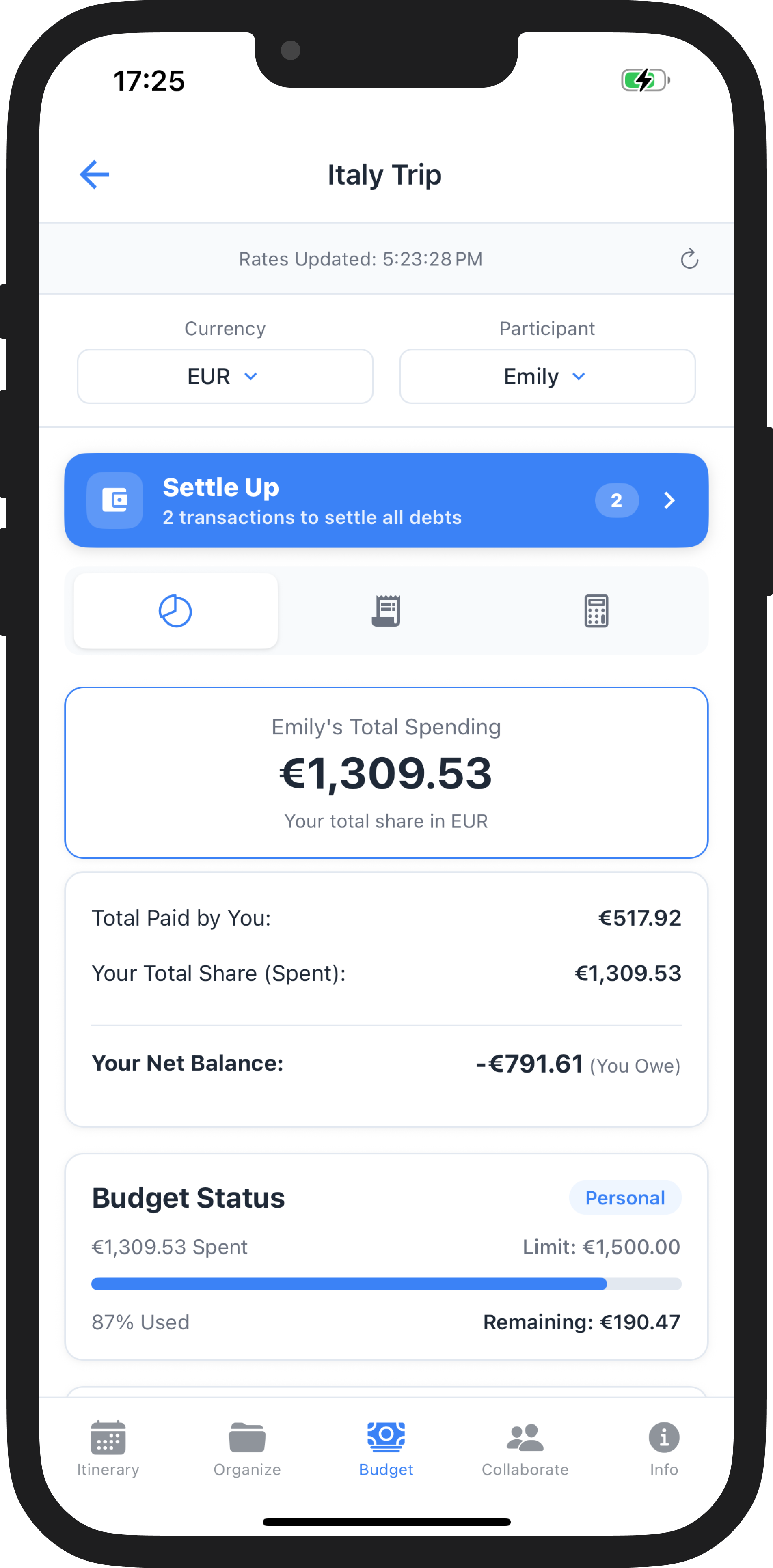 An app screenshot of WaySide, showing a budget view of user spending