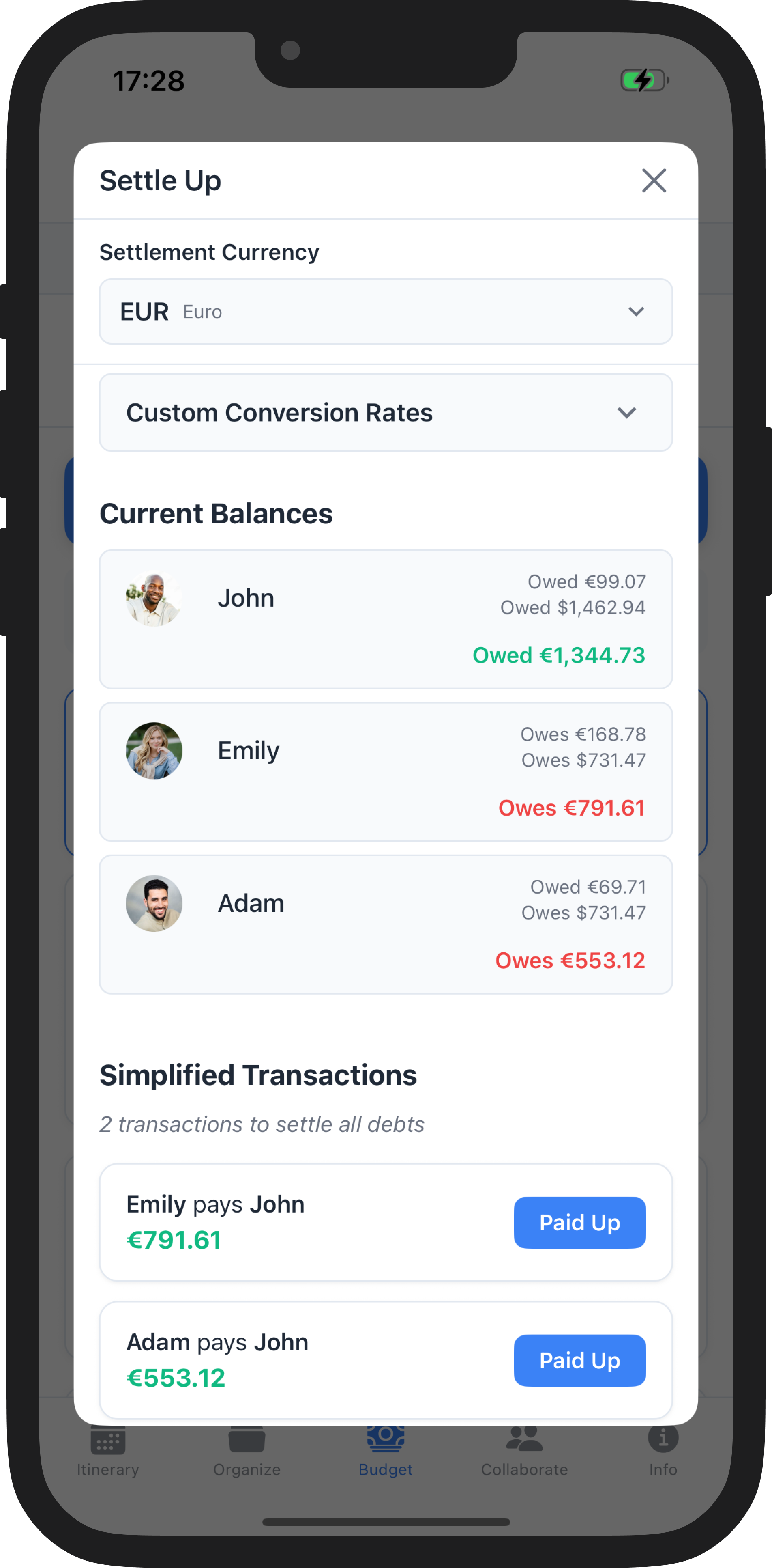 An app screenshot of WaySide, showing a list of transactions for users to even out