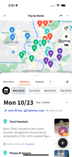 An app screenshot of Wanderlog's map screen, showing pins of marked locations