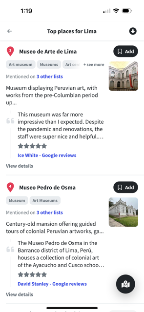 An app screenshot of Wanderlog, showing a list of recommended places to see in Lima