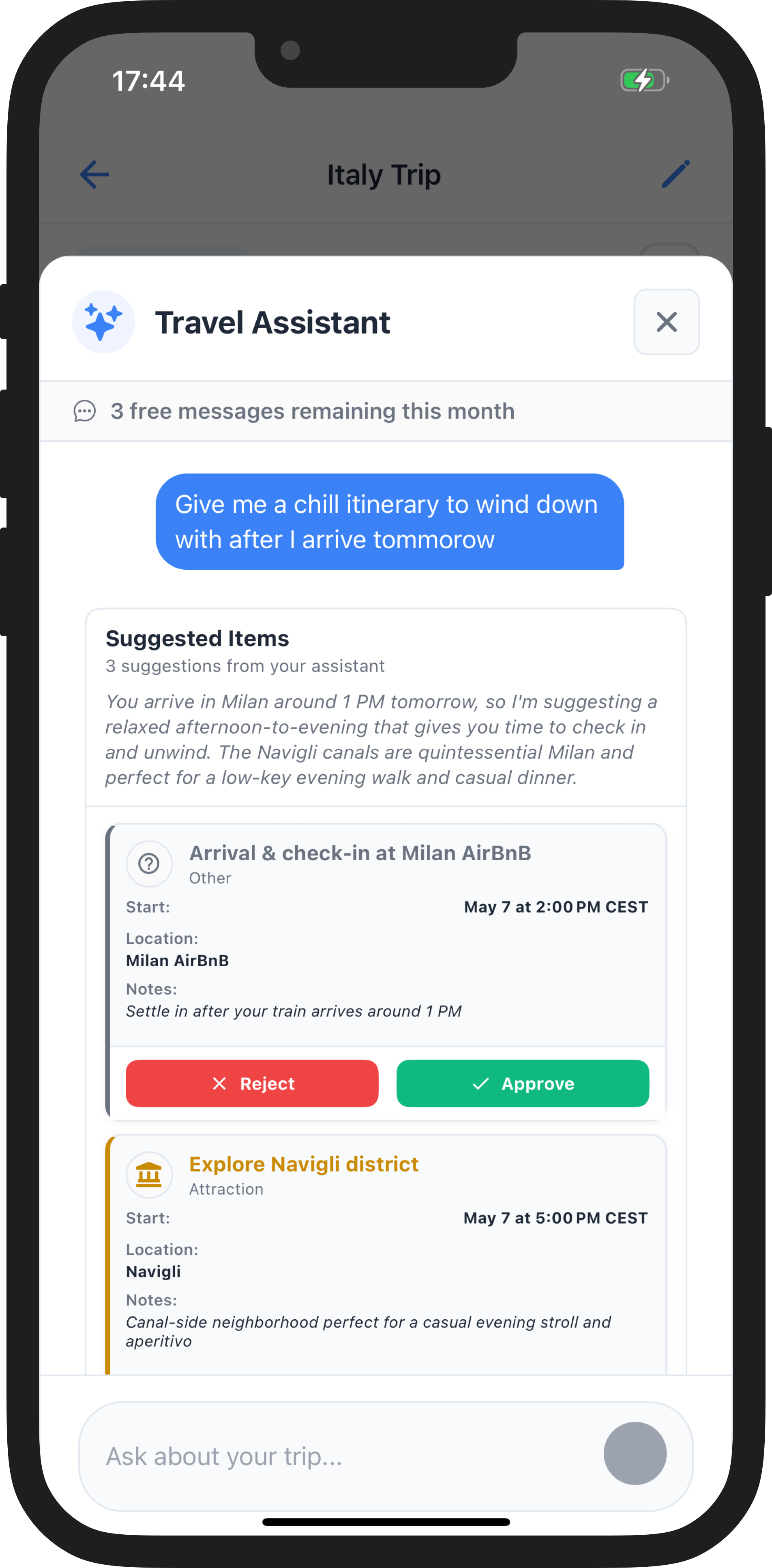 An app screenshot of WaySide, showing an AI assistant offering a user helpful travel recomendations