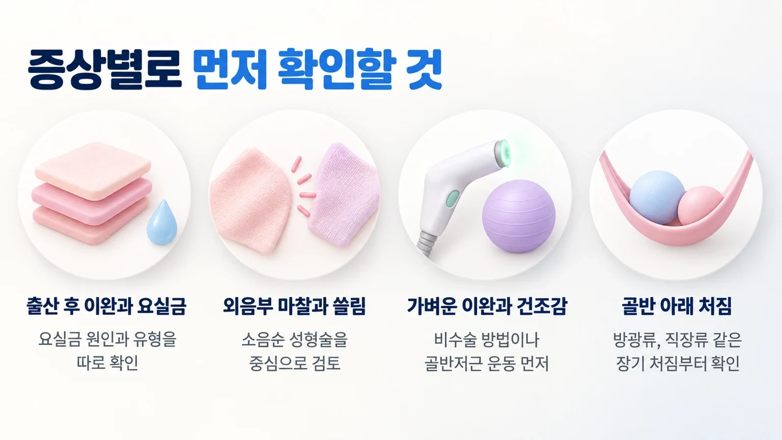 출산 후 이완과 요실금, 외음부 마찰, 가벼운 이완과 건조감, 골반 아래 처짐 등 증상별로 먼저