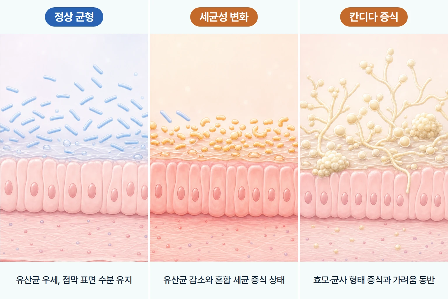 정상 점막의 유산균 분포와 세균성·칸디다성 질염의 균 증식을 동일 배율로 비교한 확대 모식도