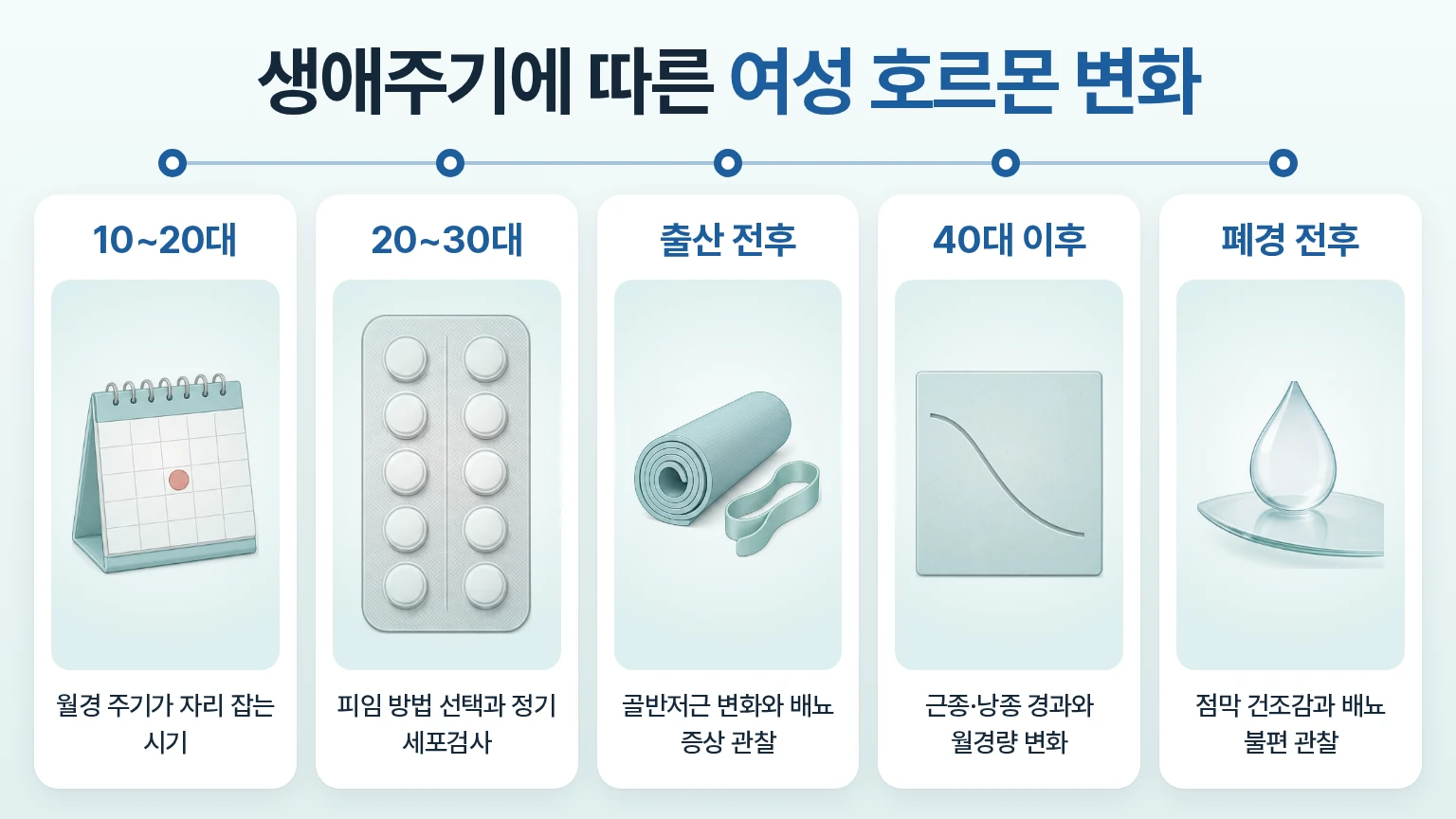 생애주기 단계별 호르몬 변화와 상담 항목을 사물 그림으로 정리한 시기별 타임라인 이미지