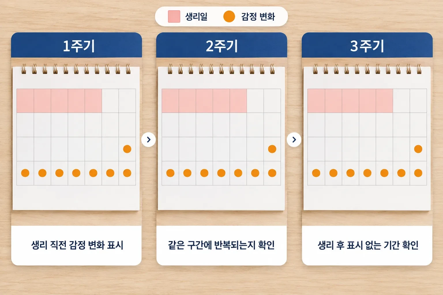세 번의 생리 주기 동안 생리일과 생리 직전 감정 변화, 증상 없는 기간을 칸으로 표시한 PMS