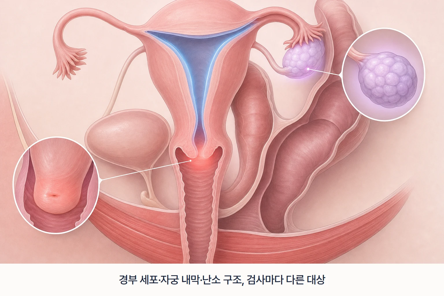 자궁경부, 자궁 내막, 난소처럼 검사마다 확인하는 부위를 색으로 구분한 골반 단면 모식도