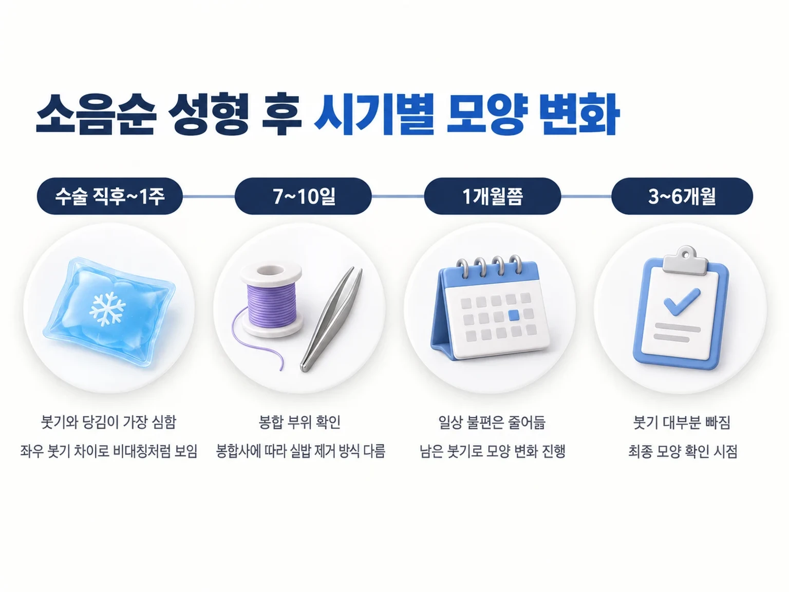수술 직후부터 3~6개월까지 부종 감소와 봉합 부위 안정 시점을 단계별로 정리한 타임라인 이미지