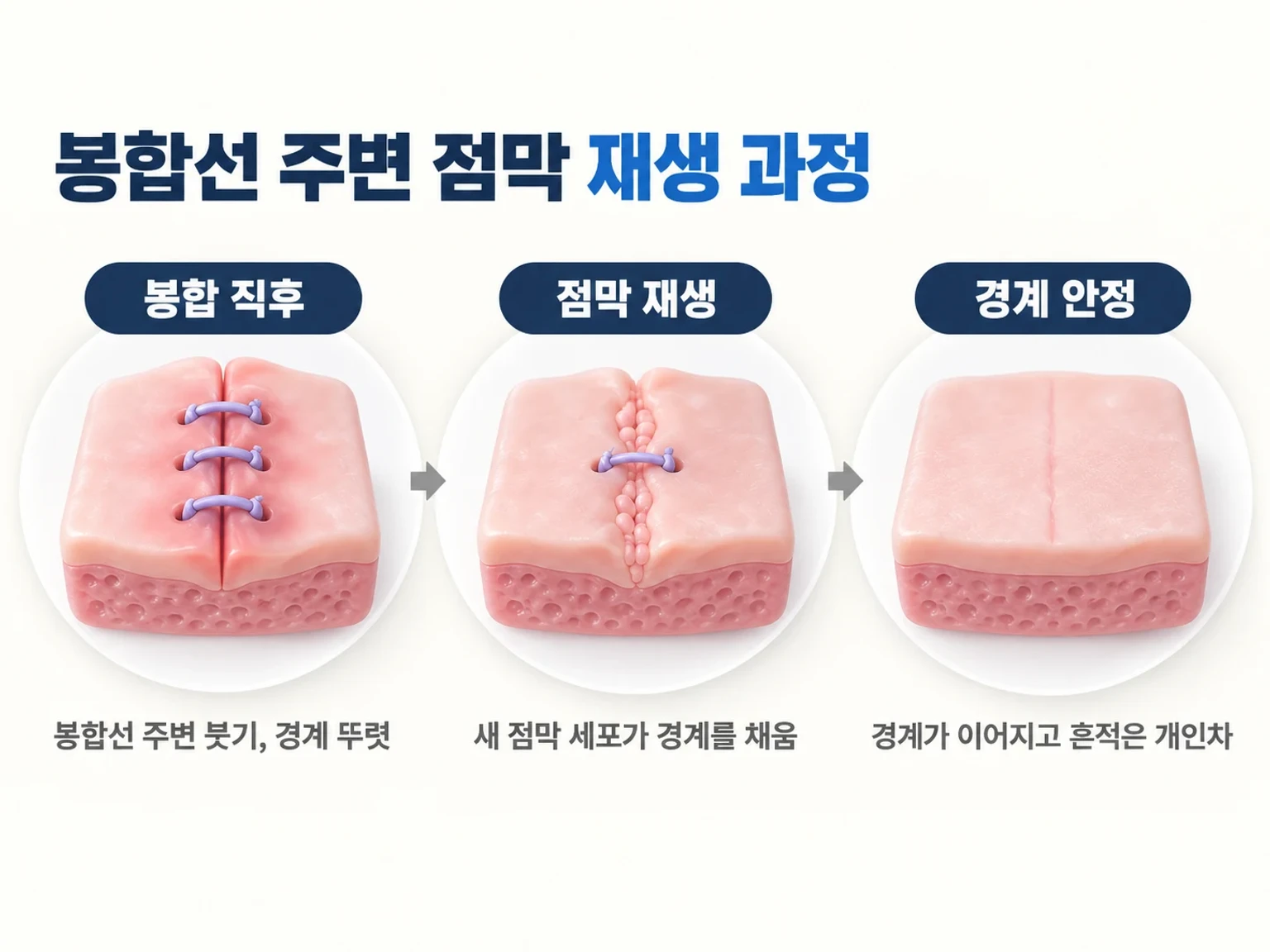 봉합선 주변 점막 세포가 재생되며 절개 경계가 이어지는 과정을 3단계로 확대한 일러스트