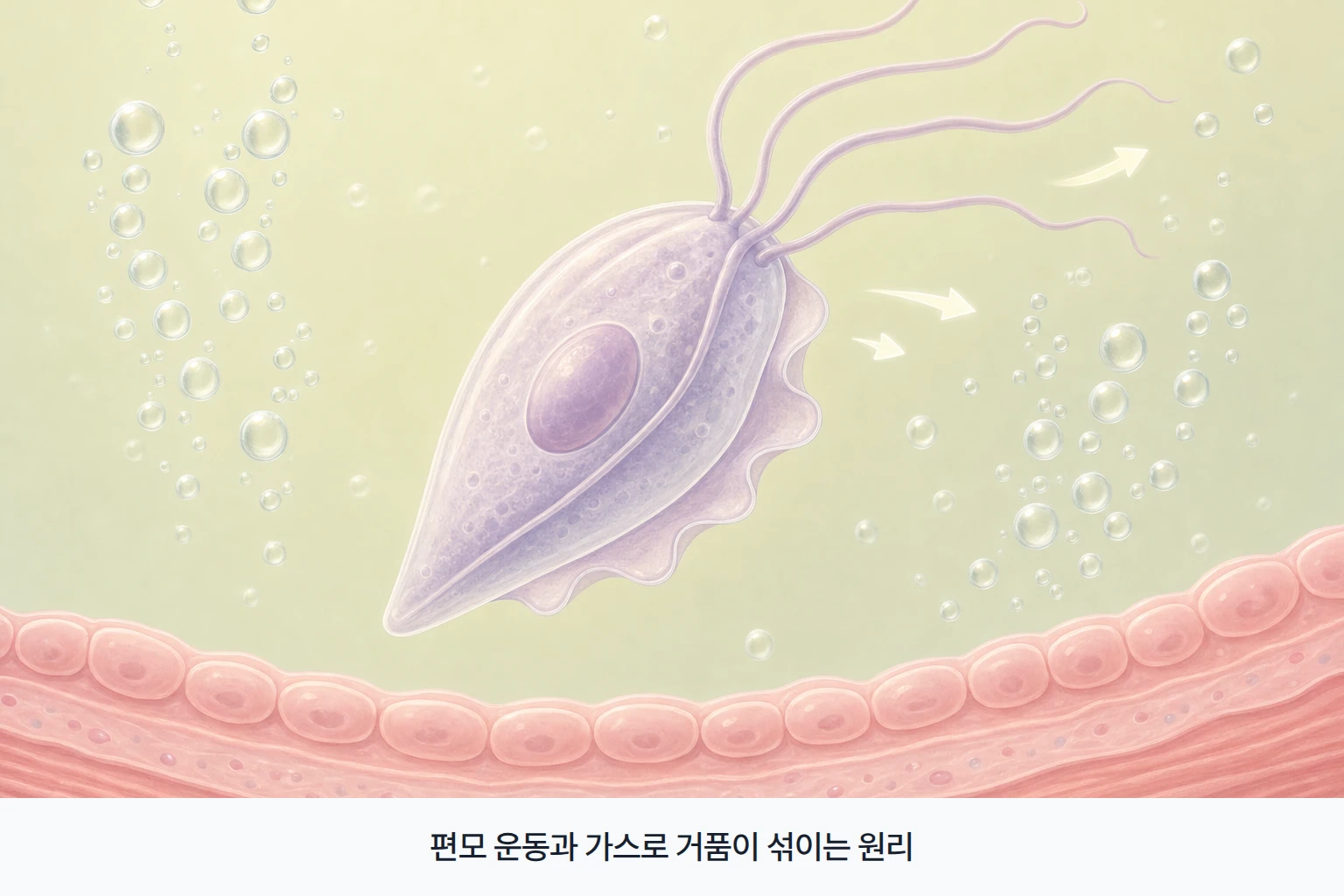 편모를 가진 질 편모충과 황록색 거품성 분비물이 생기는 원리를 나타낸 확대 개념도