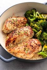 Baked chicken breasts with roasted broccoli.