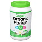 Container of Orgain organic protein powder.