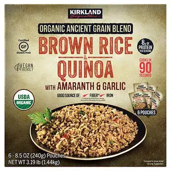 Package of Kirkland organic brown rice and quinoa blend with amaranth and garlic.
