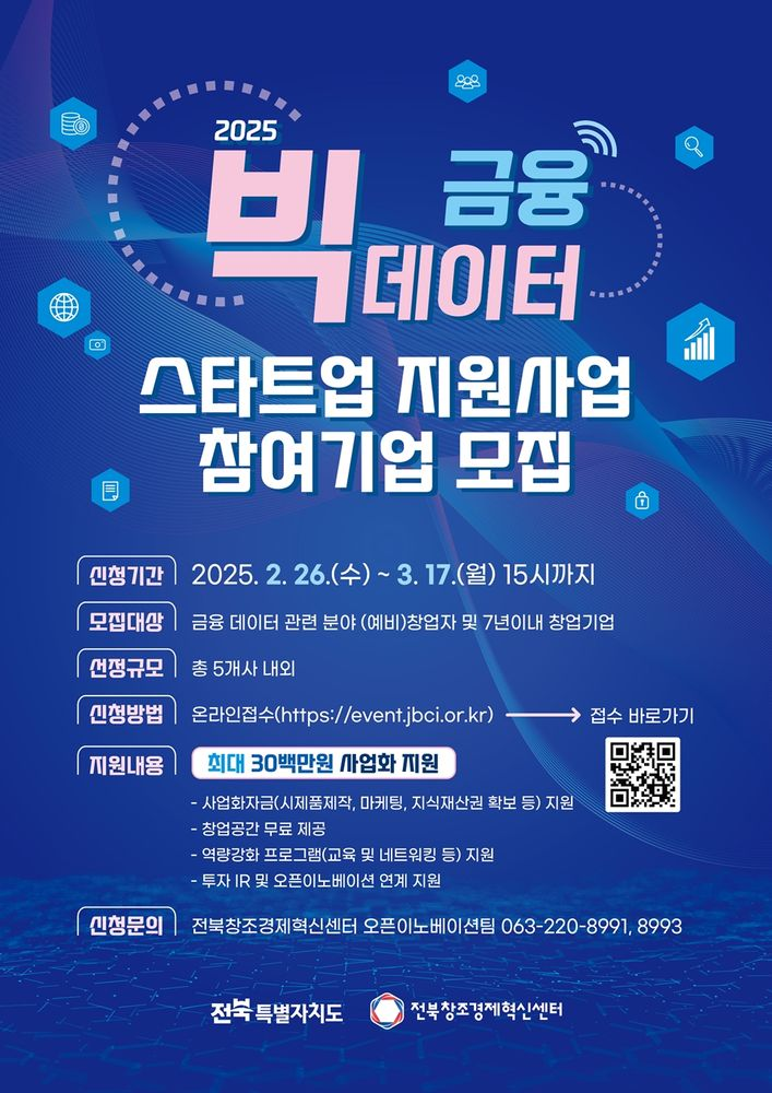 전북창조경제혁신센터, 2025 금융 빅데이터 스타트업 지원사업 참여기업 모집(~3/17)