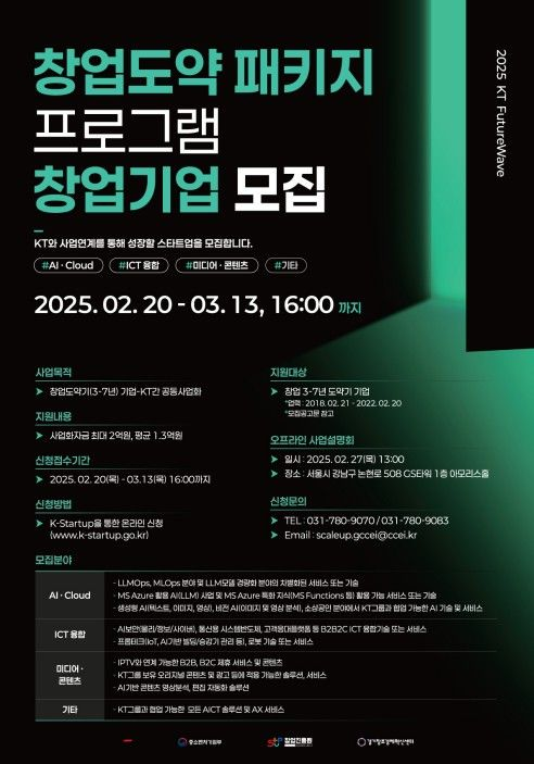 KT, '퓨처웨이브 창업도약패키지' AICT 스타트업 모집