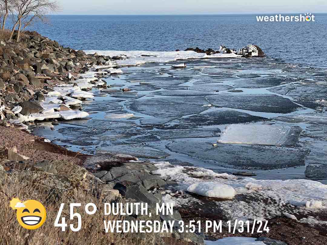 Partly cloudy weather in Duluth, 45°F — January 31, 2024 (community photo)