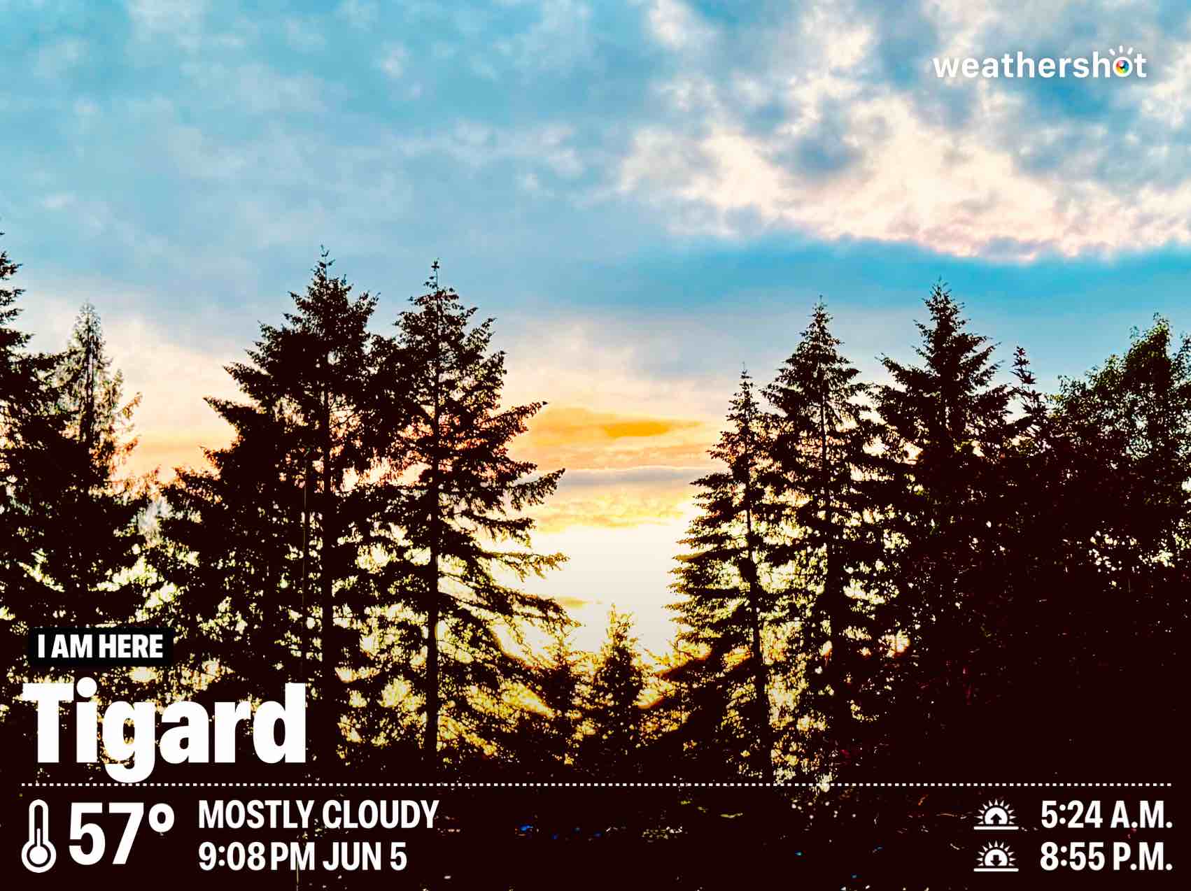 Cloudy weather in Tigard, 57°F — June 22, 2026 (community photo)