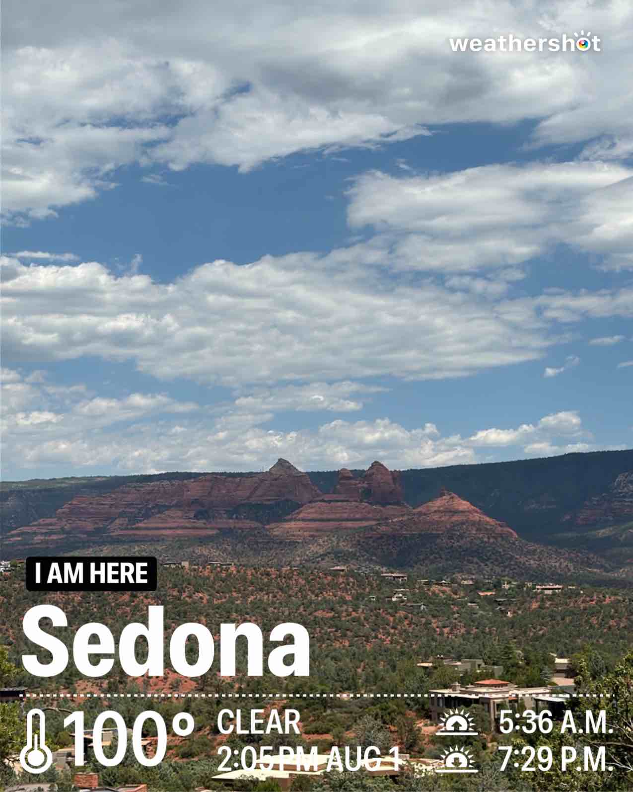 Weather in Sedona, 100°F — August 1, 2026 (community photo)
