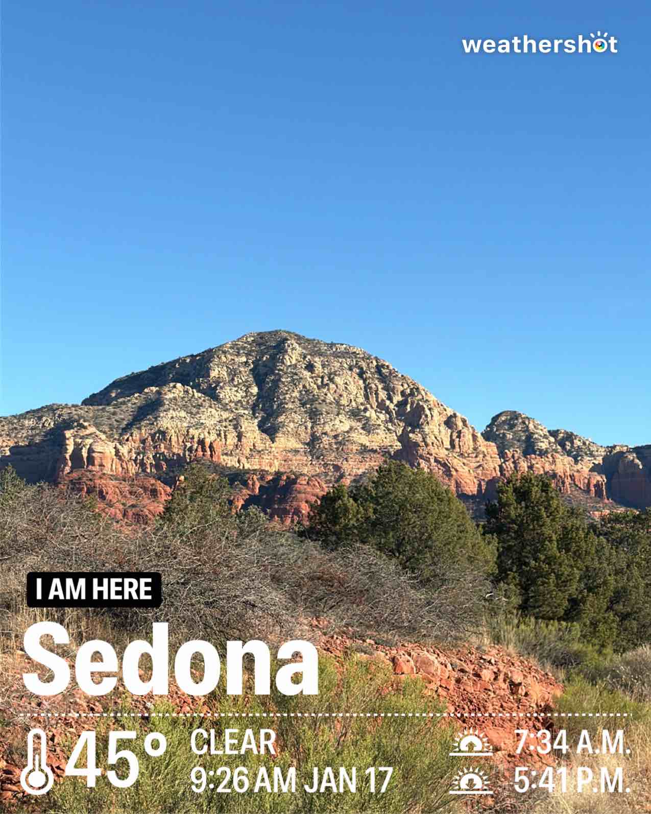 Clear weather in Sedona, 45°F — January 17, 2026 (community photo)