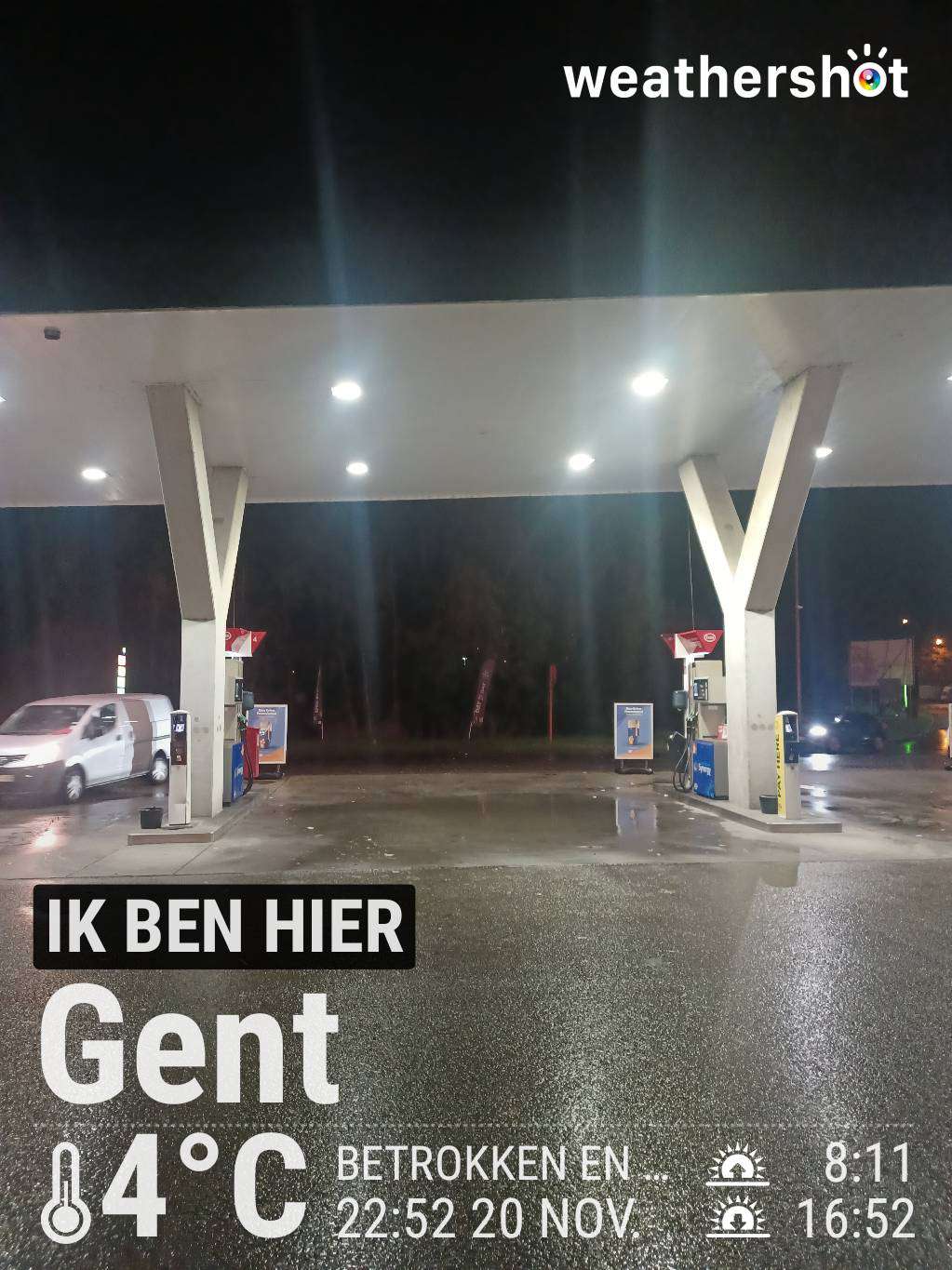 Rainy night weather in Gent, 4°C — November 20, 2024 (community photo)
